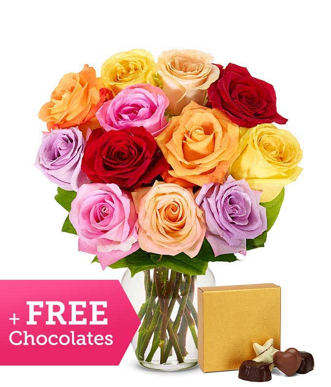 One Dozen Rainbow Roses with Free Chocolates