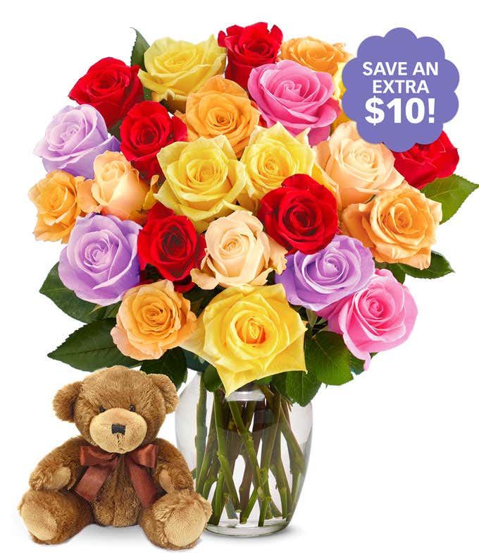 Two Dozen Assorted Rainbow Roses with Bear