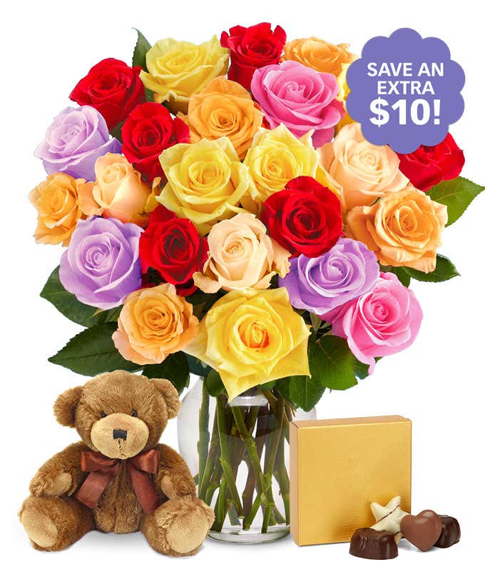 Two Dozen Assorted Rainbow Roses with Chocolates & Bear