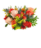 A vibrant floral arrangement featuring coral roses, peach roses, coral mini roses, yellow solidago, yellow craspedia, orange craspedia, and blue eryngium, complemented by a personal card message and optionally presented in a vase.
