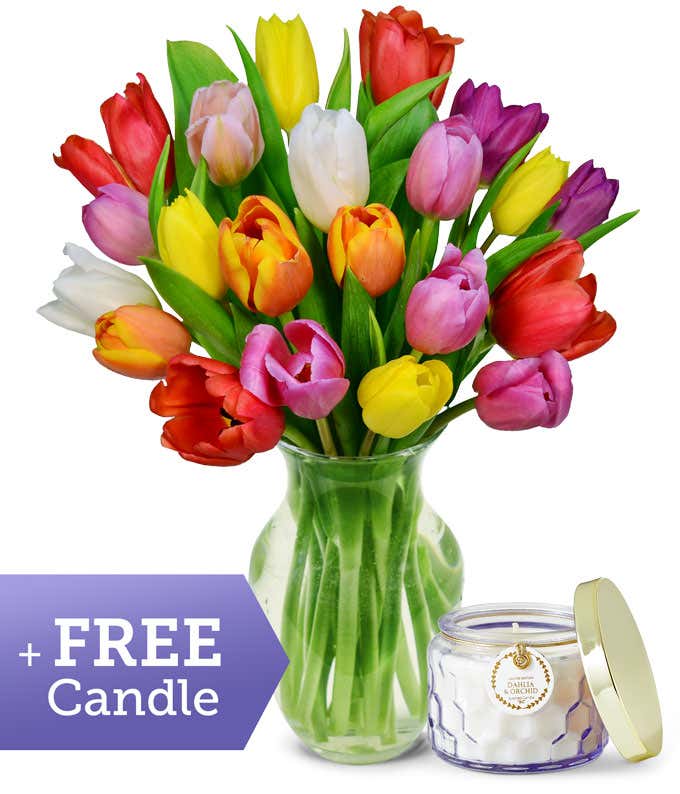 A clear glass vase filled with a full, colorful bouquet of tulips in red, yellow, orange, pink, purple, and white, paired with a dahlia and orchid scented candle in a clear glass jar.