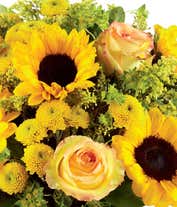 Alternative image 1 for A bouquet featuring yellow/orange bi-color roses, sunflowers, yellow button poms, yellow solidago, and bupleurum, with an optional vase.