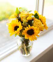 Alternative image 3 for A vibrant arrangement featuring yellow/orange bi-color roses, sunflowers, yellow button poms, yellow solidago, and bupleurum, optionally presented in a vase. This cheerful display brings a burst of sunshine and joy to any occasion.