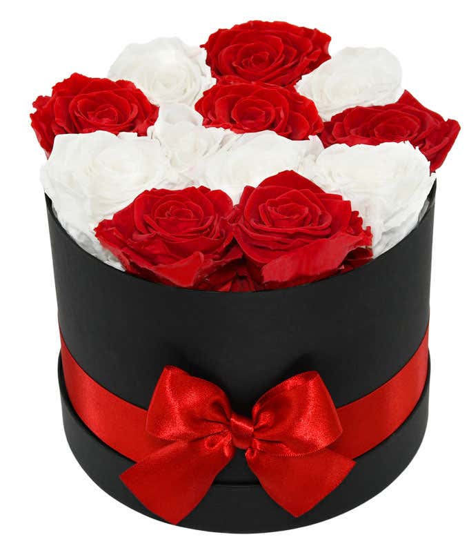 Luxury Dozen Preserved Red & White Roses 