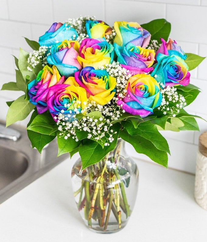 One Dozen Wild Rainbow Roses With Vase At From You Flowers