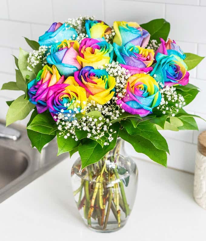 One Dozen Wild Rainbow Roses with Vase