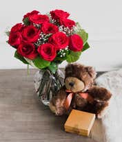 Alternative image 2 for One Dozen Red Roses with Chocolates & Teddy Bear