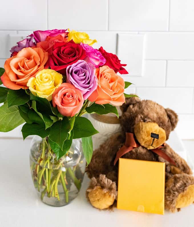 One Dozen Rainbow Roses with Chocolates & Teddy Bear