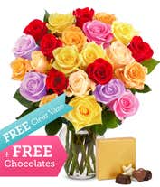 Two Dozen Rainbow Roses with Free Vase & Chocolates