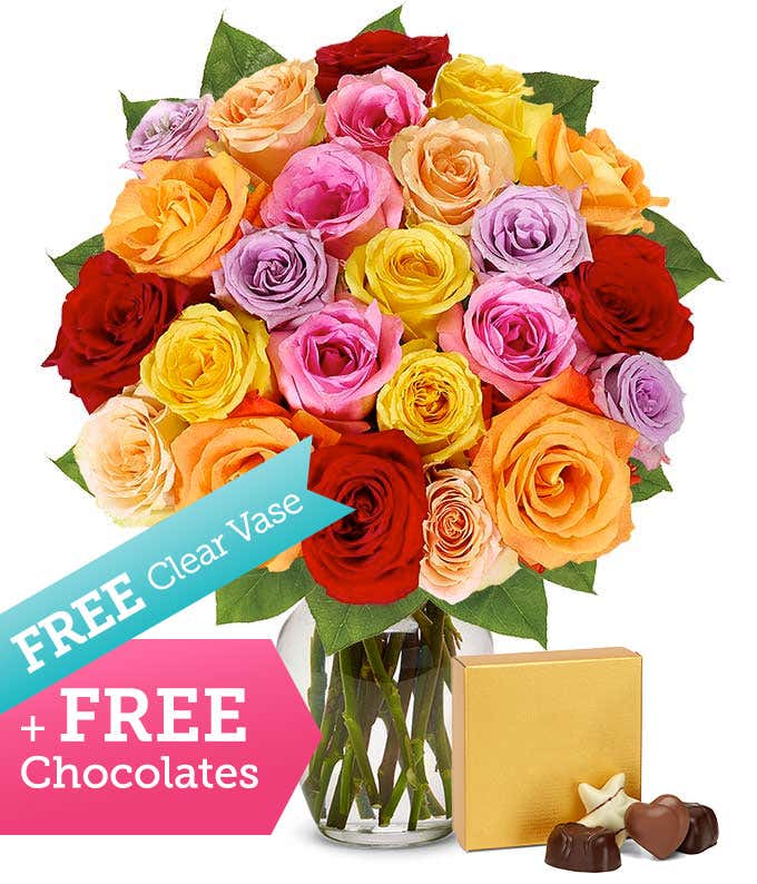 Two Dozen Rainbow Roses with Free Vase & Chocolates