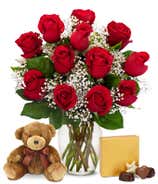 One Dozen Red Roses with Chocolates & Teddy Bear