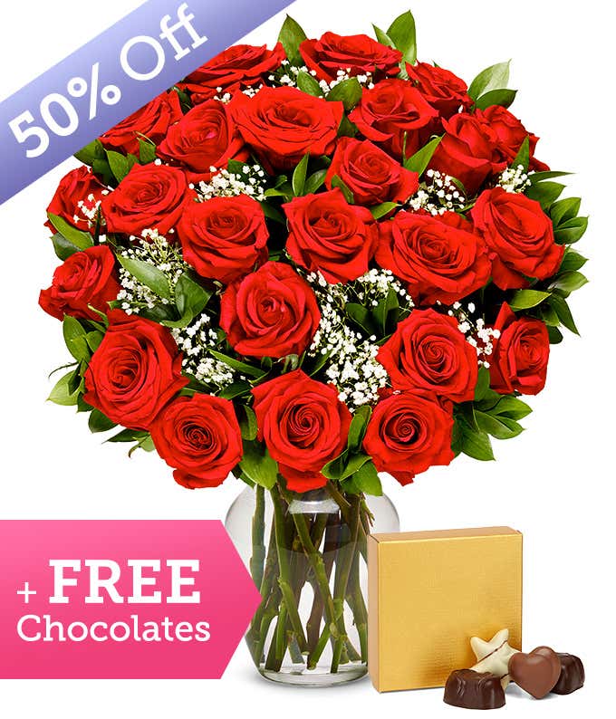 Premium Two Dozen Red Roses with Free Chocolates