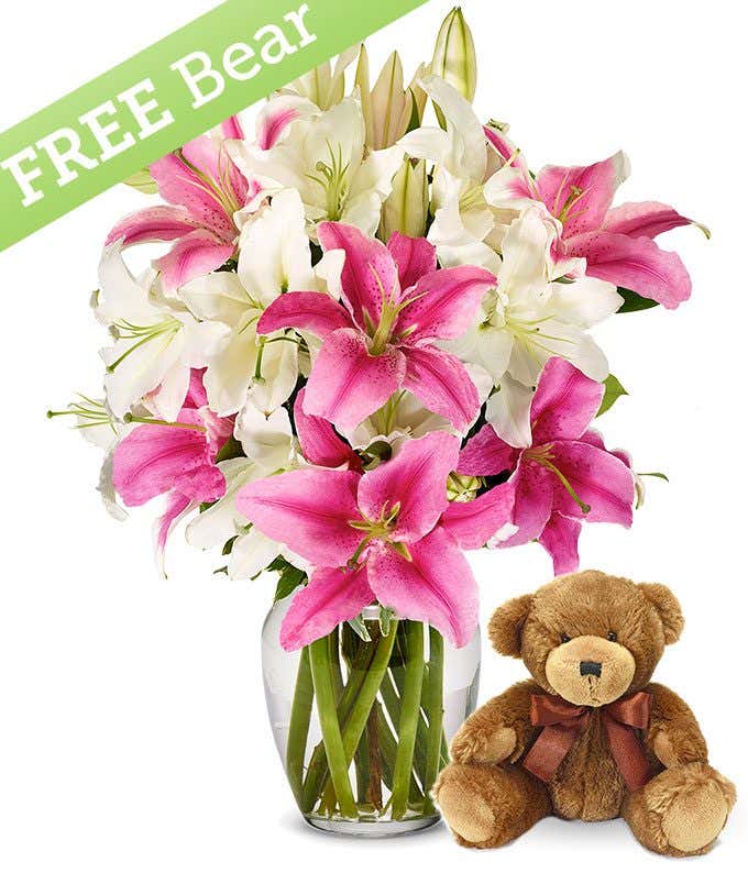 Pink and White Lilies with Free Bear