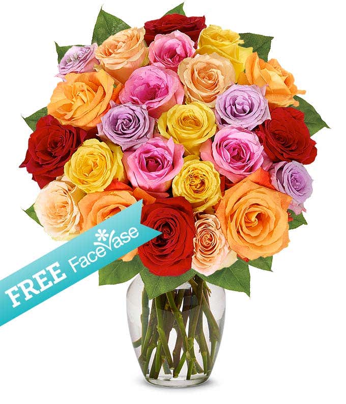 Two Dozen Rainbow Roses with Free Facevase