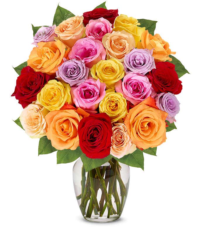 Two Dozen Rainbow Roses with Birthday Vase 