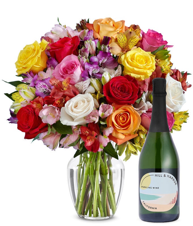 Deluxe Bright & Sunny Rose Bouquet with Sparkling Wine