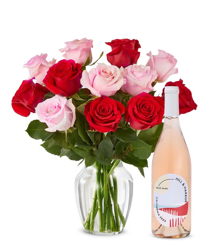 One Dozen Pink & Red Roses with Ros Wine