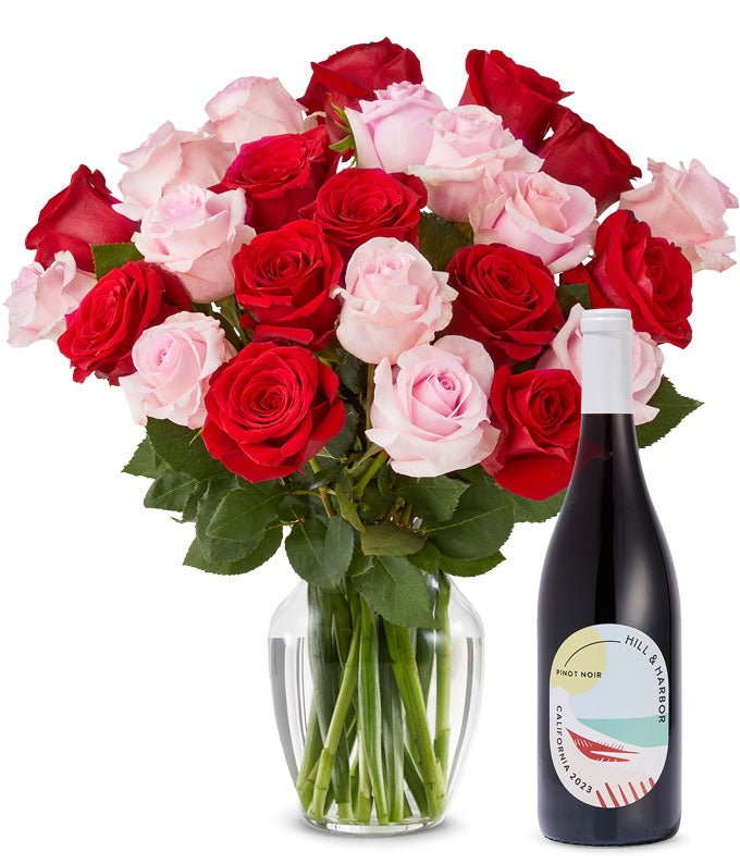 Two Dozen Pink & Red Roses with Red Wine