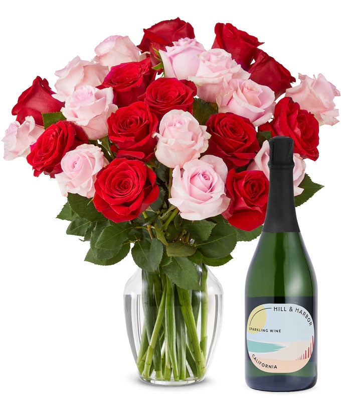 Two Dozen Pink & Red Roses with Sparkling Wine