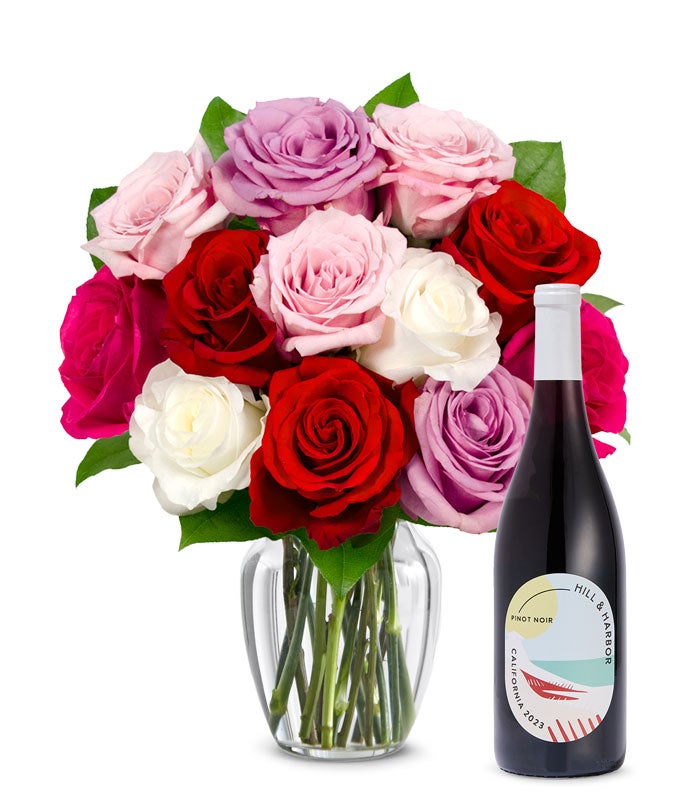 One Dozen Assorted Sweetheart Roses with Red Wine