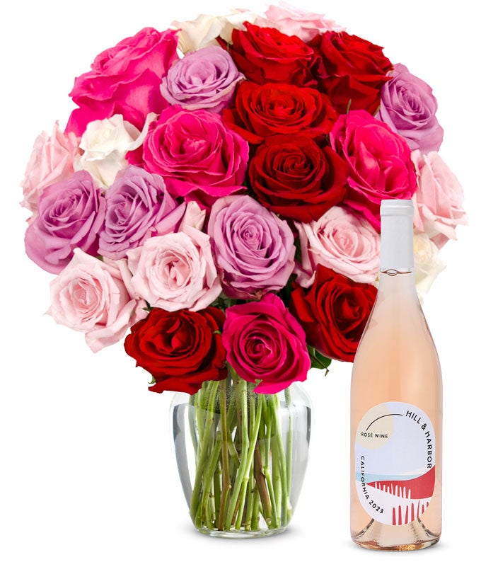 Sweetheart Roses Vs Roses Two Dozen Assorted Sweetheart Roses with Rosé Wine at From You Flowers