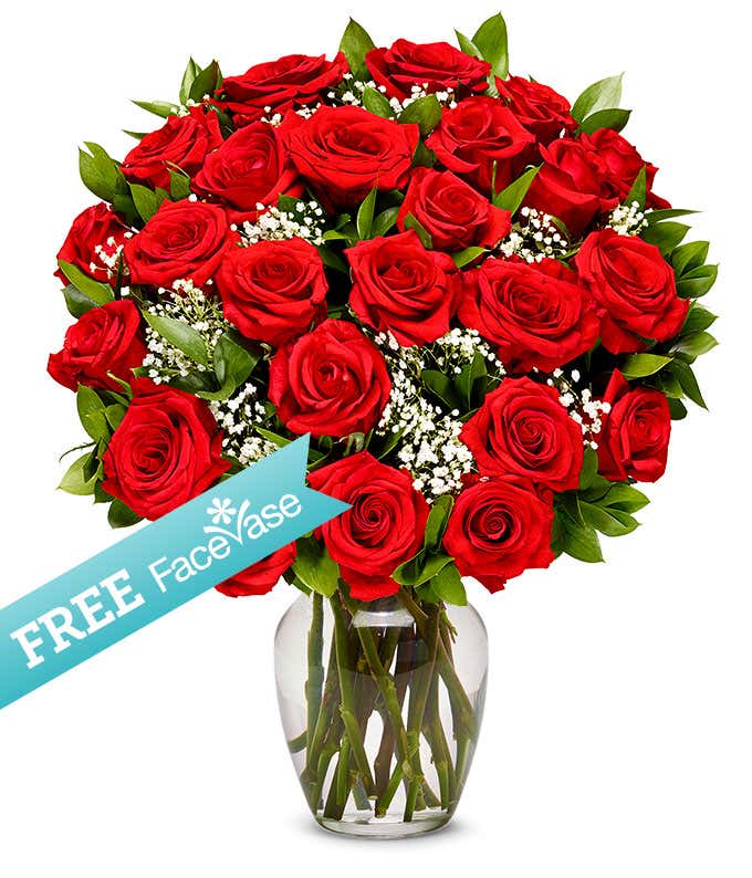 Two Dozen Premium Red Roses with Free Facevase