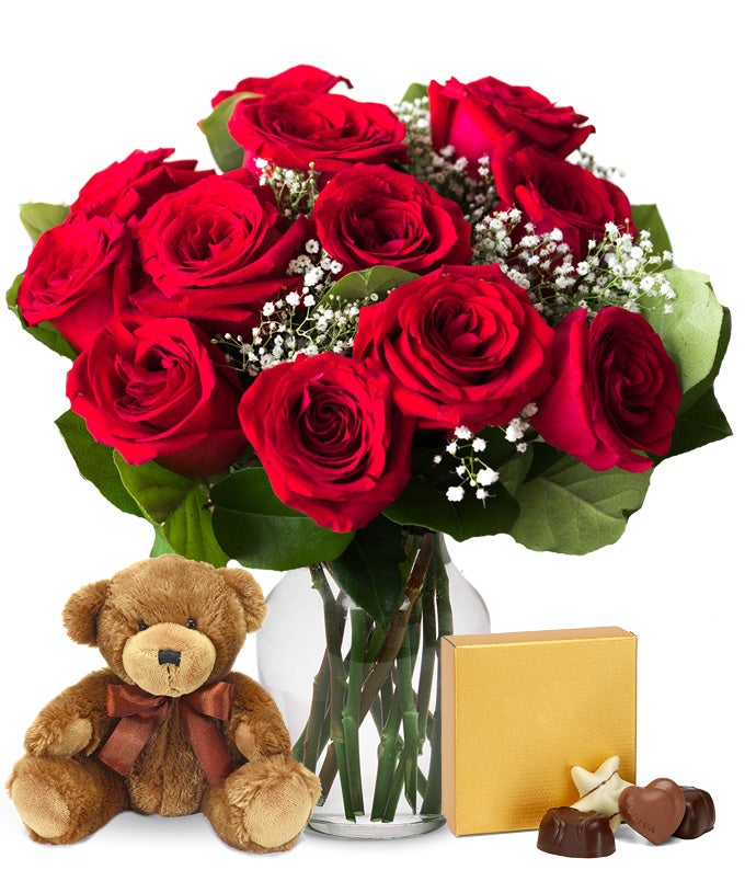 flowers chocolate and teddy bear