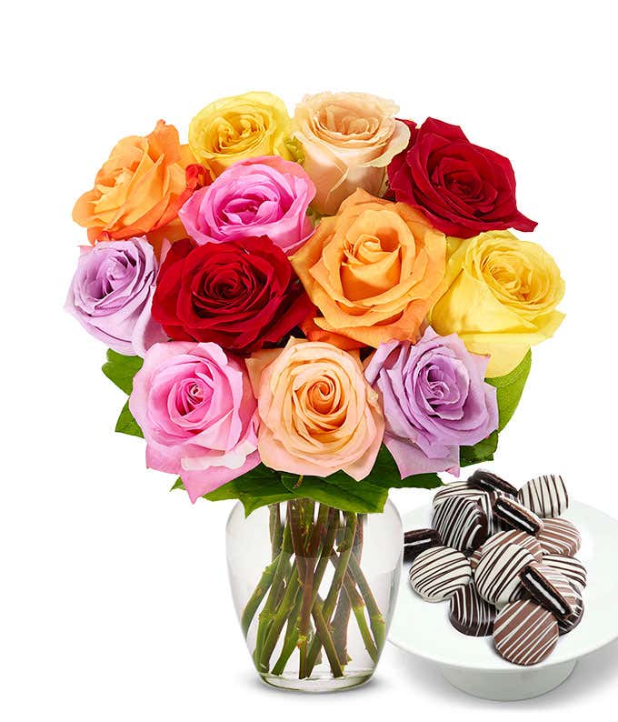 One Dozen Rainbow Roses bouquet with Drizzle Chocolate Covered Oreos, optional glass vase, and personalized card message