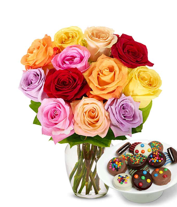 One Dozen Rainbow Roses bouquet with a dozen Sprinkle Chocolate Covered Oreos, optional glass vase, and personalized gift message.