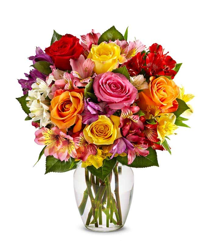 Mixed roses are delivered with Alstroemerias