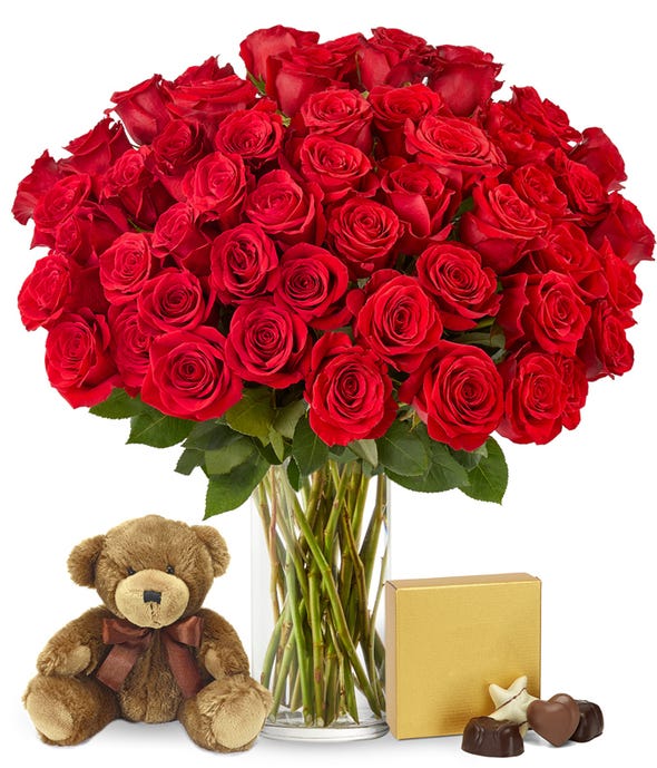 50 Red Roses Bundle with Chocolates & Bear at From You Flowers
