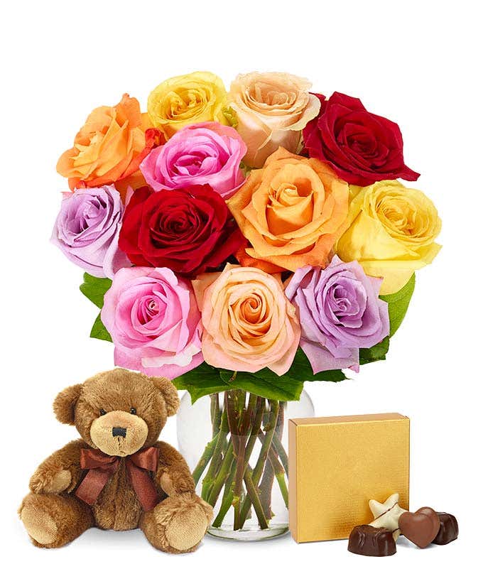One Dozen Mixed Rainbow Roses + Chocolates + Bear