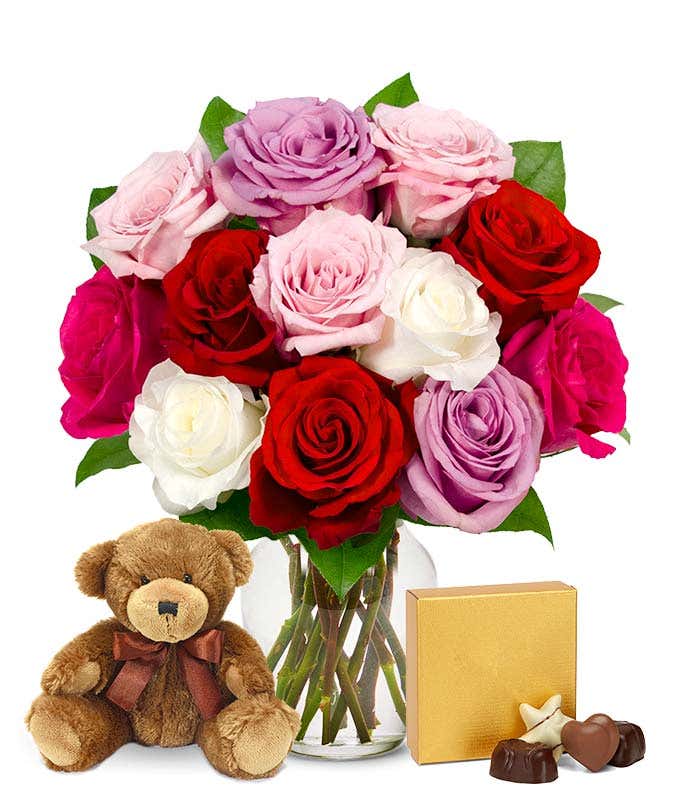 One Dozen Sweetheart Roses with Teddy Bear & Chocolates