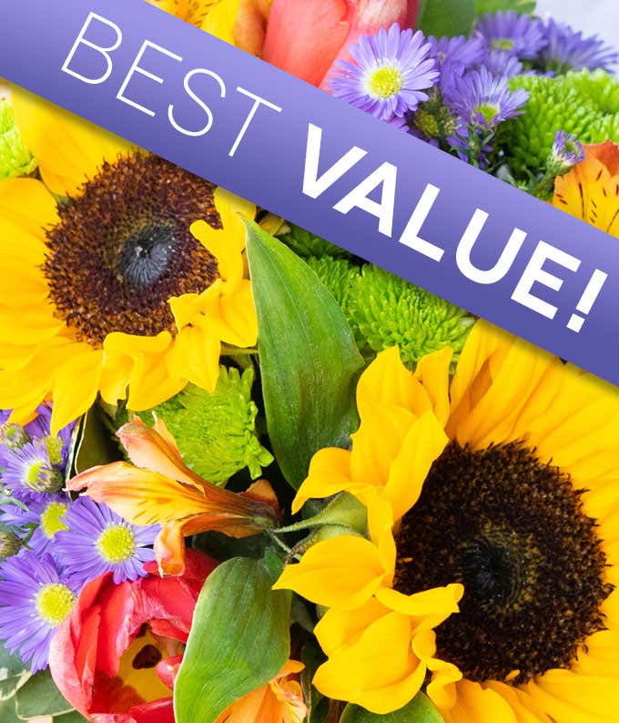 A close up image of a bouquet including yellow, purple, pink, and green flowers.