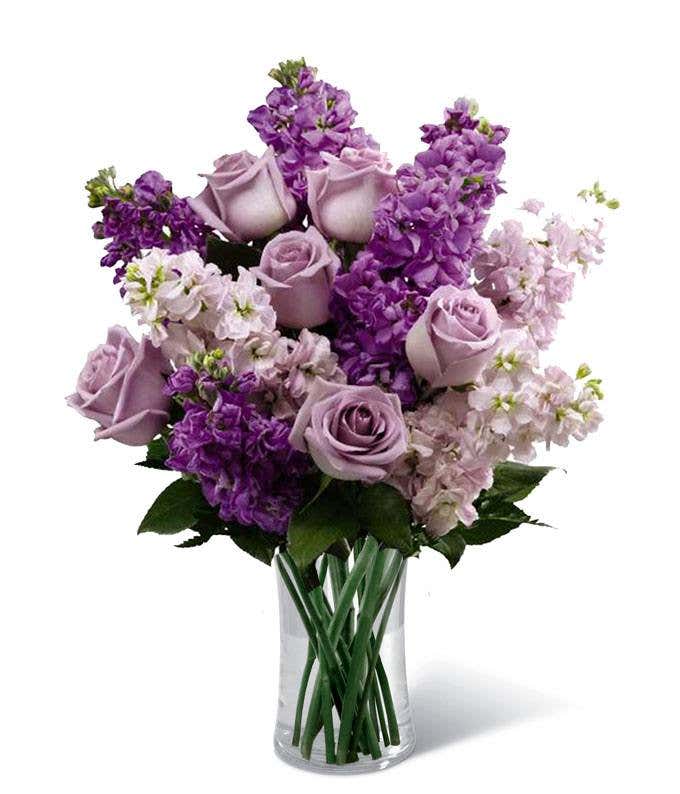 Purple roses and stock in glass vase