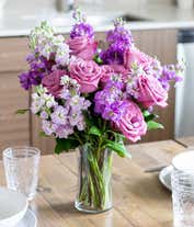 Alternative image 3 for Purple roses and stock in glass vase