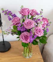 Alternative image 4 for Purple roses and stock in glass vase