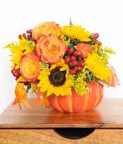 Alternative image 1 for pumpkin vase with sunflowers and orange roses