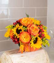Alternative image 2 for pumpkin vase with sunflowers and orange roses