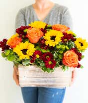 Alternative image 2 for A bright and cheerful floral arrangement featuring sunflowers, orange roses, butterscotch daisies, and green poms, all beautifully arranged in a wooden planter.