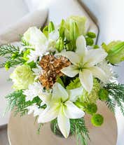 Alternative image 3 for A festive arrangement with white Asiatic lilies, green roses, green and white poms, evergreens, displayed in a glass cylinder vase.