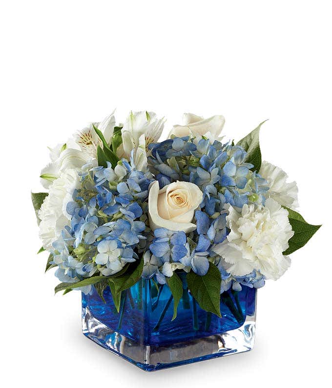 Blue Hydrangea and white rose bouquet