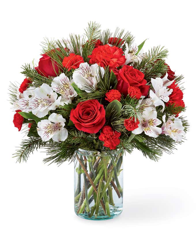 Holiday flowers and evergreen bouquet