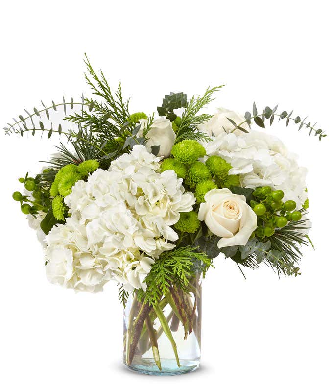 Ivory roses, white hydrangea, green berries, green button poms, seasonal greens in a glass vase, offering a harmonious blend of elegance and natural beauty.