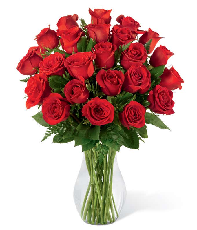 Two dozen long-stem red roses with fresh floral greens in a tall clear glass vase