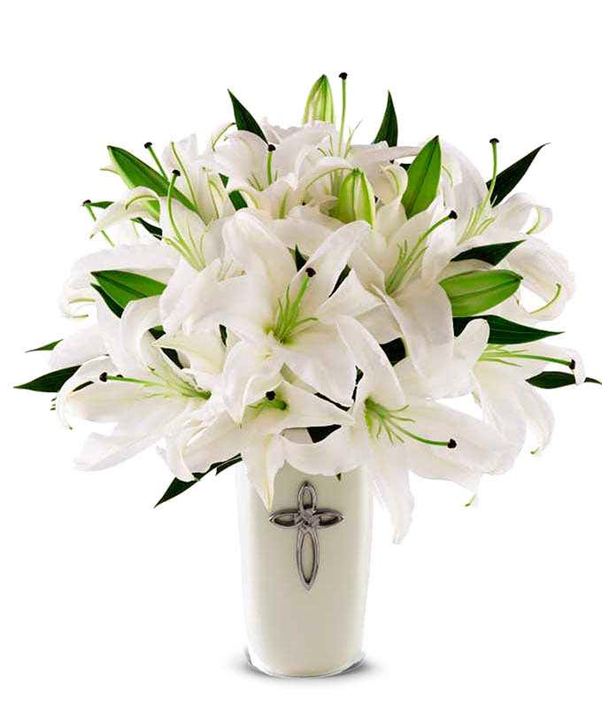 White flower bouquet with Cross decorated vase