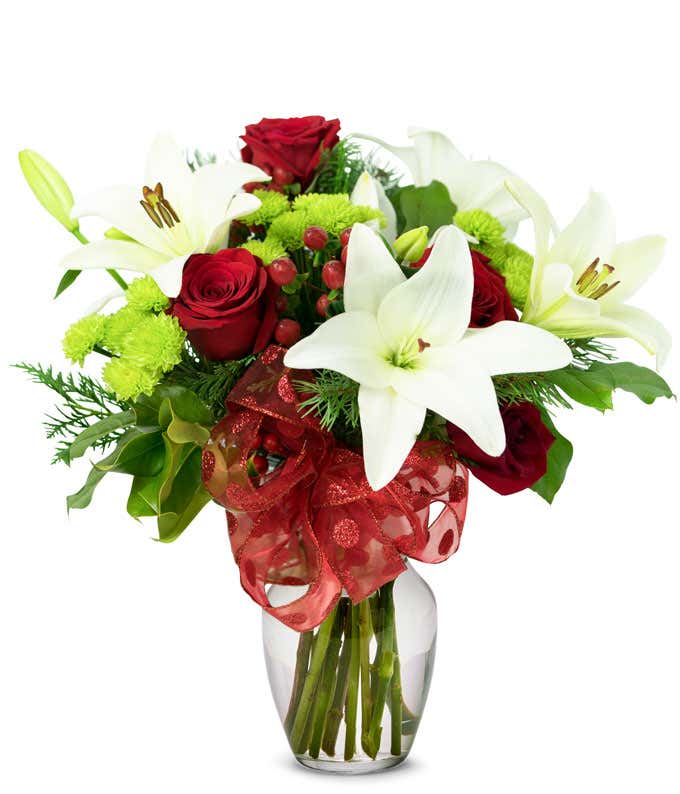 Christmas red rose and white lily arrangement 