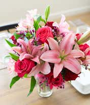 Alternative image 4 for Red roses, pink lilies and pink alstroemeria and glass vase