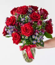 Alternative image 1 for Red roses arranged with purple alstroemeria and monte casino. 