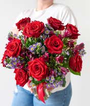 Alternative image 2 for Red roses arranged with purple alstroemeria and monte casino. 